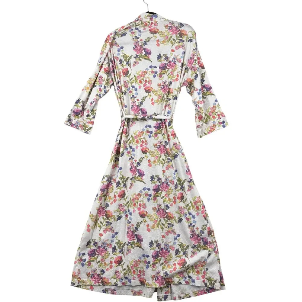 Soft Surroundings Bath Robe Size M White Multi Floral Belted Pockets Stretch - Picture 7 of 11